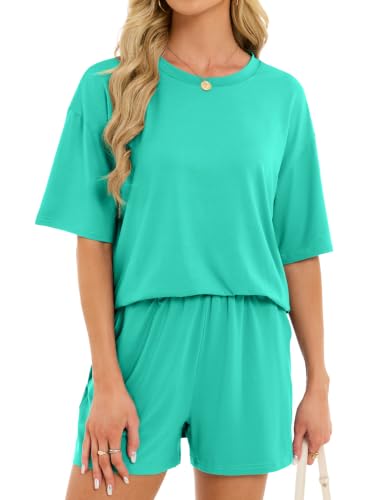 Women's 2 Piece Short Sets Loose Lounge Sets Summer Matching Sets - color: Turquoise, size: X-Large