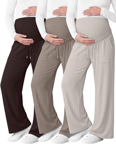 3 Pack Women's Maternity Casual Pants - color: Cream Gray, Light Coffee, Brown, size: Large