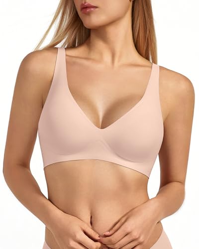 VQJ Women's Wireless Push Up Plunge T-Shirt Jelly Bras - color: Blush Pink, size: 3X-Large