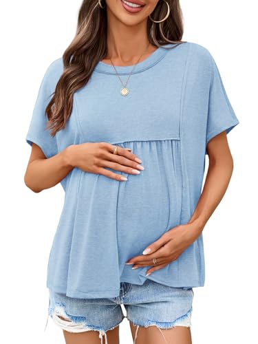 Tankaneo Womens Maternity Tops Batwing Short Sleeve Pregnancy T Shirts - color: Sky Blue, size: Large