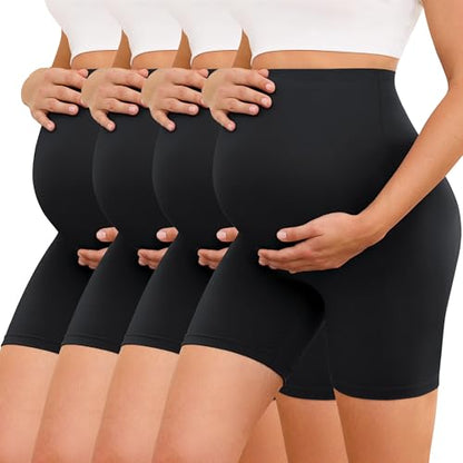 VALANDY Creamlush 4 Pack Comfy Maternity Biker Shorts Over the Belly 5" - color: 4 Packs - Black*4, size: Medium