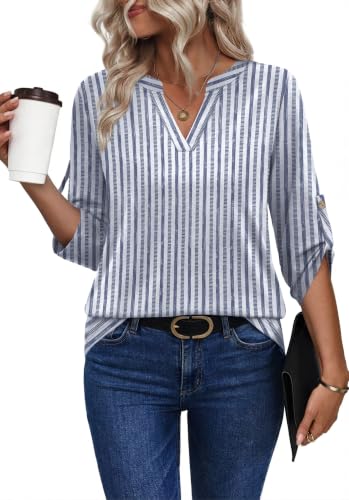 XIEERDUO 3/4 Length Sleeve Womens Tops V Neck T Shirts Both Side Buttons Blouses Business Casual Outfits Loose Fit - color: Z Blue Stripe, size: XX-Large