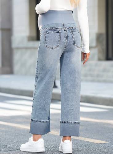 BLENCOT Maternity Jeans Over Belly Straight Leg Denim Pants with Pockets - color: Dusk Blue, size: Small