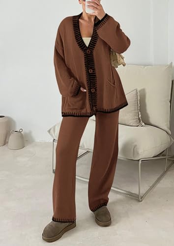 PRETTYGARDEN Women's Fall 2 Piece Knit Sweater Lounge Set - color: Coffee, size: Large