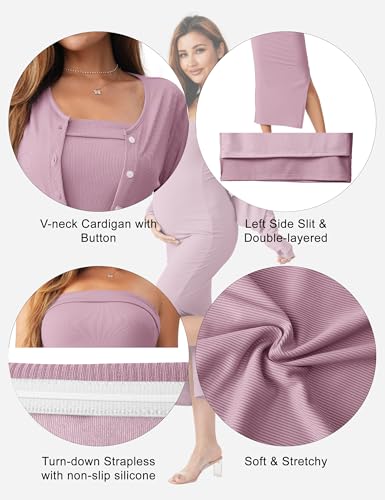 2 Piece Strapless Maternity Dress & Cardigan Set for Baby Shower - color: Dusty Purple, size: Medium