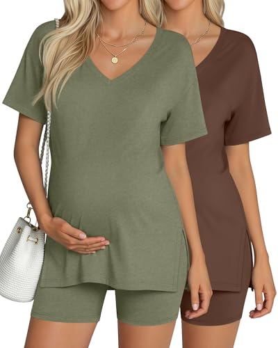 2 Pack Women Maternity Set Pregnancy Outfit - color: Gray Green, Coffee, size: Small