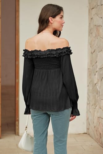 OUGES Womens Cotton Blend Off The Shoulder Maternity Tops Smocked Ruffle Sleeve Blouse Going Out Pregnancy Shirts 2025 - color: Black, size: X-Large