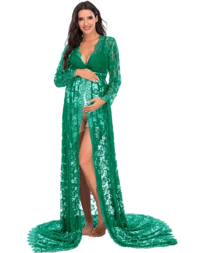 ZIUMUDY Maternity Deep V-Neck Split Front See-Through Maxi Lace Dress for Photography with Long Sleeve - color: Green, size: Medium