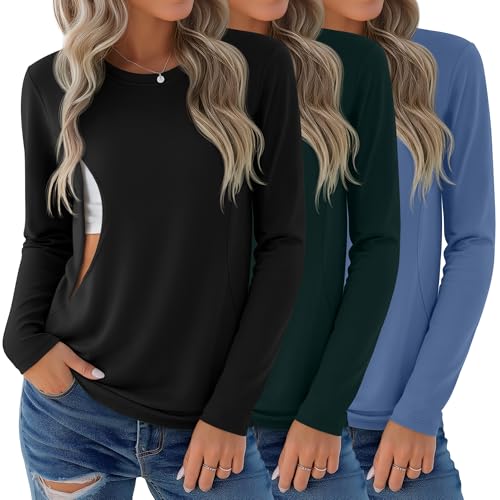 3 Pack Women's Nursing Tops Breastfeeding Shirts Fall - color: Black, Dark Green, Haze Blue, size: Medium