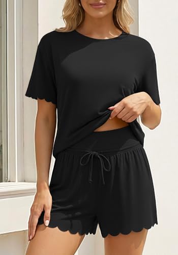 Charmo Two Piece Short Sets Women Scalloped Summer Maternity Outfits 2026 - color: Black, size: Medium