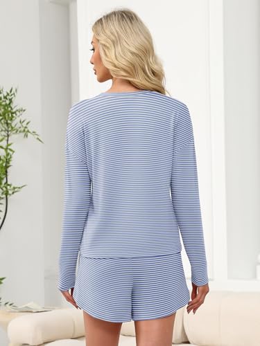 ANRABESS Womens Long Sleeve Striped Pajama 2 Piece Lounge Sets - color: Blue White, size: Large
