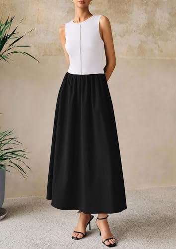 PRETTYGARDEN Pleated Maxi Dresses for Women with Pockets - color: Black White, size: XX-Large