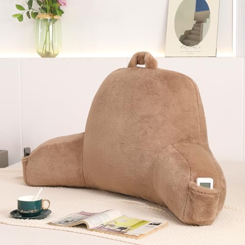 Soft Reading Pillow for Bed with Arms,Middle,Khaki,Faux Fur - color: Khaki, size: Standard(17")
