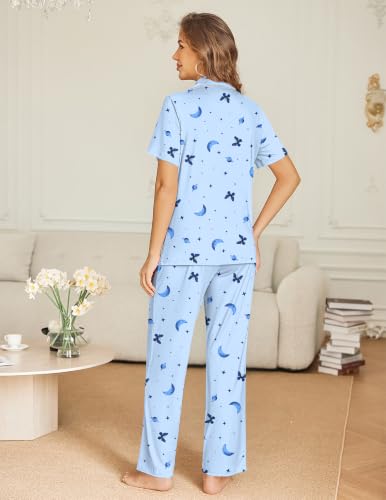 Ekouaer Womens Pajama Sets Button Down Lounge Sets 2 Piece Short Sleeve Pjs - color: Blue Galaxy, size: Small