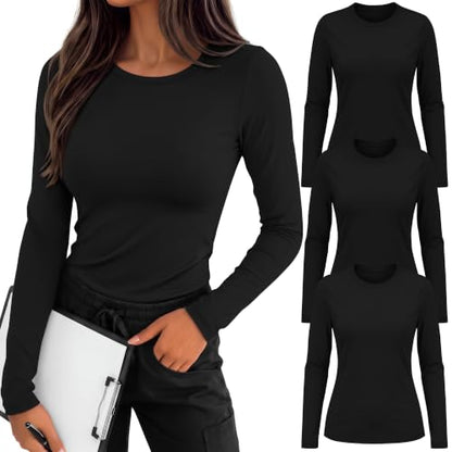 3 Pack Womens Long Sleeve Underscrub Shirts - color: Black, size: XX-Large