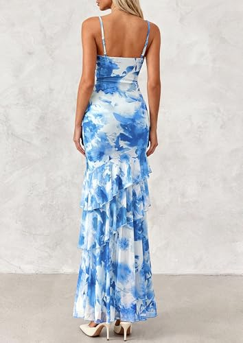 PRETTYGARDEN Women's Boho Floral Tiered Maxi Dress - color: Blue, size: Large