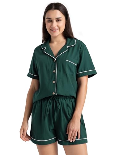 Womens Muslin Pajama Sets 100% Cotton Double Gauze Linen Like Short Pjs - color: Dark Green, size: Large