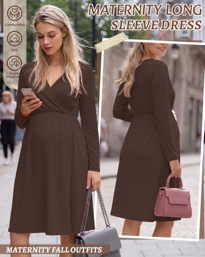 Locoowai Maternity Long Sleeve Dress Fall Wrap Nursing Dress - color: Brown, size: Small