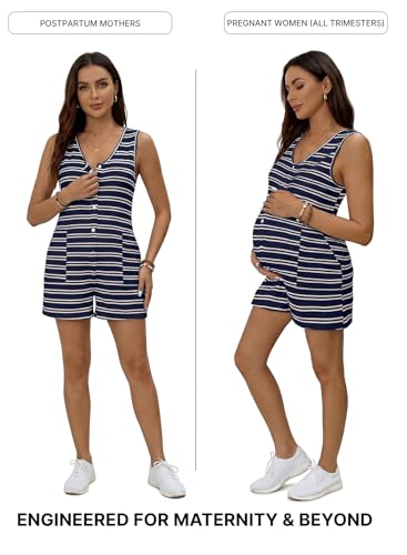 BLENCOT Maternity and Postpartum Romper for Women Button Down Striped Sleeveless V Neck Loose Jumpsuit with Pockets - color: Blue Stripe, size: Medium