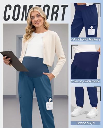 3 Pack Maternity Scrub Cargo Jogger Pants - color: Navy Blue, Blue Green, Wine Red, size: XX-Large