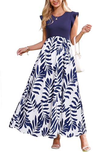 OUGES Women's Ruffle Sleeve Patchwork Maternity Maxi Dress with Pockets - color: Blue Leaf Print, size: X-Large