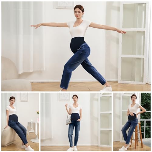 Women's Maternity Jeans Over Belly, Loose Pregnancy Pants with Pockets, Comfy Stretch Boyfriend Jeans - size: XX-Large