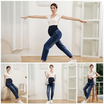Women's Maternity Jeans Over Belly, Loose Pregnancy Pants with Pockets, Comfy Stretch Boyfriend Jeans - size: XX-Large