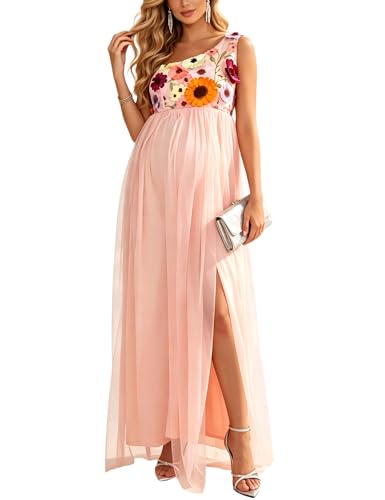 Maternity Maxi One Shoulder Floral Tulle Dress for Baby Shower - size: Small