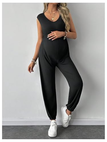 Milumia Women's Maternity Jumpsuit Pregnancy Romper Sleeveless Baggy Pants - color: Black, size: Small