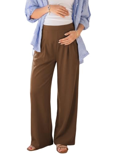 BLENCOT Women Maternity Work Pants Elastic High Waist Dressy Casual - color: Dark Brown, size: XX-Large