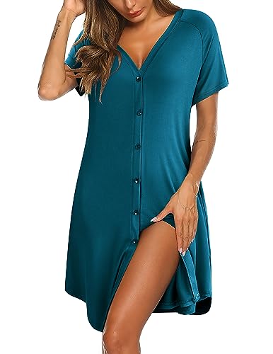 Ekouaer Nightgowns for Women Button Down Night Gown with Pockets - color: Blue Green, size: Medium