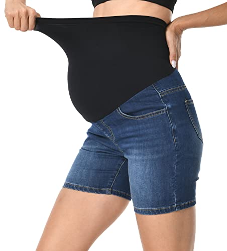 V VOCNI Maternity Jean Shorts Over The Belly Mid Thigh - color: 50-a-dark Blue, size: Medium
