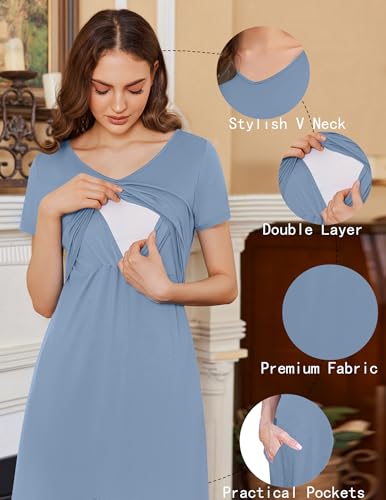 Ekouaer Womens Nursing Dress Breastfeeding Summer V Neck Maternity Dresses - color: Grey Blue, size: Small