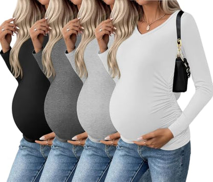 Ekouaer Womens Maternity Shirts Long Sleeve 3 Packs V-Neck Pregnancy Tops - color: 4pcs-black/Dark Grey/Light Grey/White, size: Medium