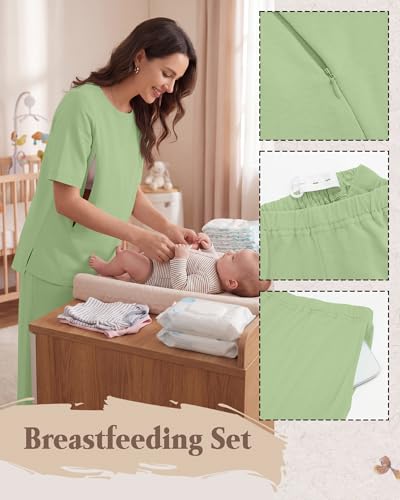 2Pc Postpartum Nursing Pajamas Set - color: Light Green, size: XX-Large
