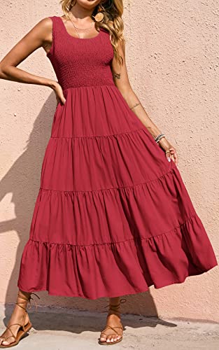 PRETTYGARDEN Women's Smocked Tank Casual Plain Maxi Sundress with Pockets - color: Red, size: Medium
