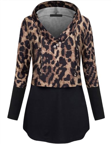 Quinee Women's Long Sleeve Plaid Colorblock Nursing Pullover Hoodie Sweatshirts - color: Black Leopard, size: Large