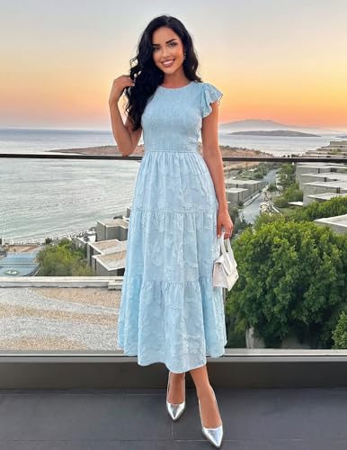 ZESICA Women's Summer Floral Boho Smocked Flowy Maxi Dress - color: Blue, size: Small