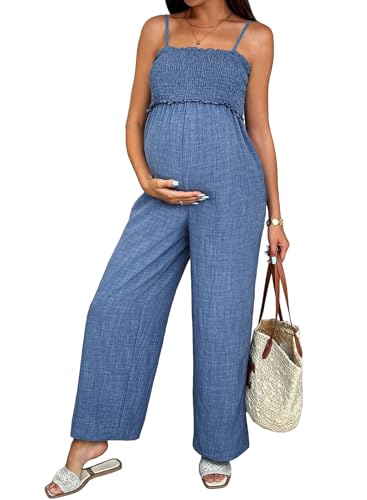 BLENCOT Women's Smocked Maternity Jumpsuit Loose Overalls - color: Dusk Blue, size: X-Large