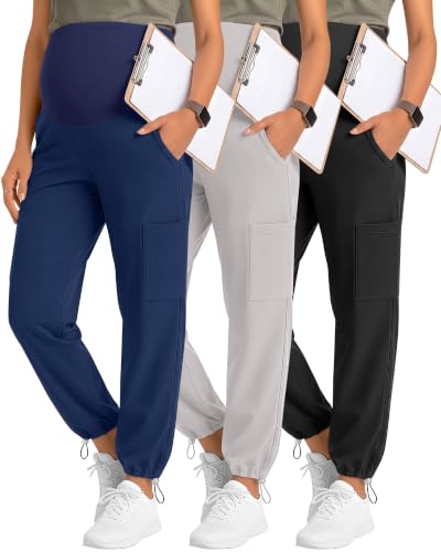 Locoowai 3 Pack Women's Maternity Jogger Scrub Pants with Pocket - color: Black, Light Gray, Navy Blue, size: Small