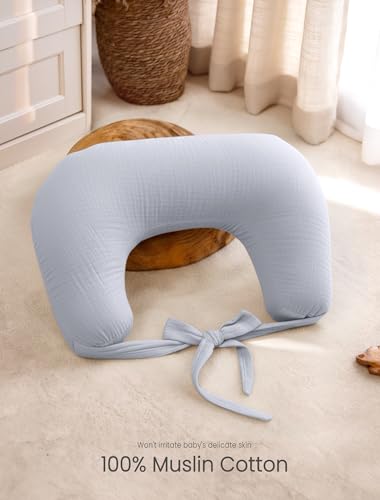 lulumoon Muslin Nursing Pillow Covers: with Strap for Snug Fit & No Sliding - color: Navy & Mist Blue