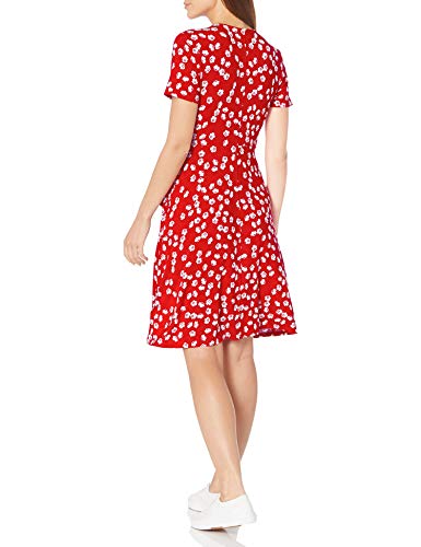 Amazon Essentials Women's Short Sleeve V Neck Faux-Wrap Dress, Fitted - color: Red Tossed Poppy, size: Small