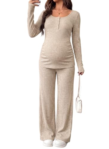 BLENCOT Maternity Clothes Ribbed Long Sleeve Sets Button 2 Piece Outfits - color: Apricot, size: Small