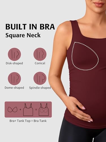 ATTRACO Maternity Tank Tops Seamless Side Ruche Sleeveless Pregnancy Basic Shirt with Built in Bra - color: Wine, size: X-Large