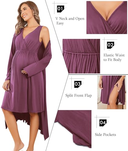Ekouaer Maternity Nursing Gown and Robe Set Labor Delivery Nightgowns - color: Gray Purple, size: Medium