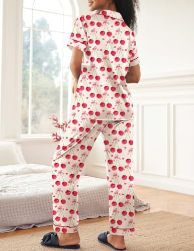 Ekouaer Womens Satin Pajama Set Silky Short Sleeve Button Down Pj Set - color: Beige Cherry, size: Small