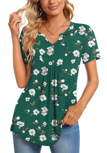 CATHY Womens Short Sleeve Tunic Tops Henley Shirt V Neck Button Up Blouse Casual Pleated Basic Pullover - color: Begonia+dark Green, size: Medium