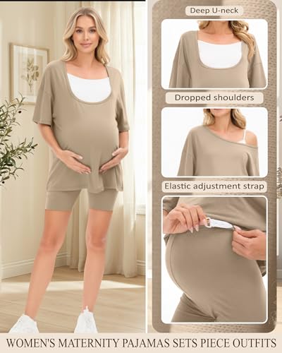 2 Piece Women Maternity Set Pregnancy Outfit - color: Apricot, size: Large