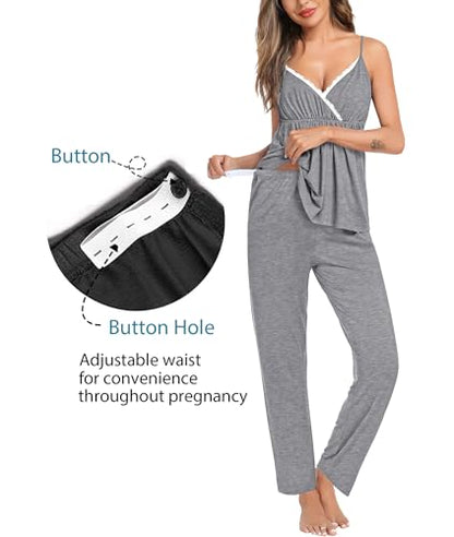 SWOMOG Maternity Nursing Robe Set 3 Piece Breastfeeding Pajamas 3 in 1 Labor Delivery Sleevless Tops&Long Pants Pregnancy Pjs - color: Grey, size: Medium