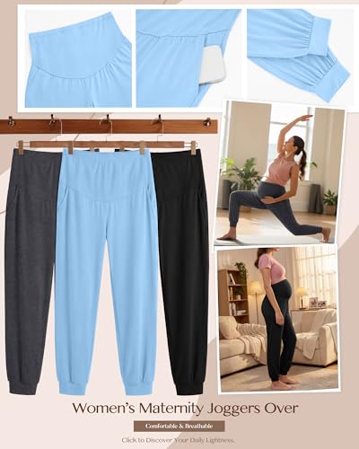 3 Pack Women's Maternity Pants Pregnancy Joggers - color: Light Blue, Dark Heather Gray, Black, size: Medium